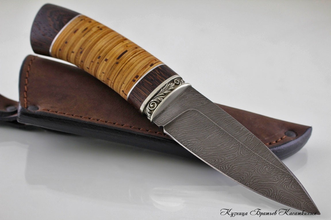 Hunting Knife "Klyk". Damascus Steel. Birchbark and Wenge Handle