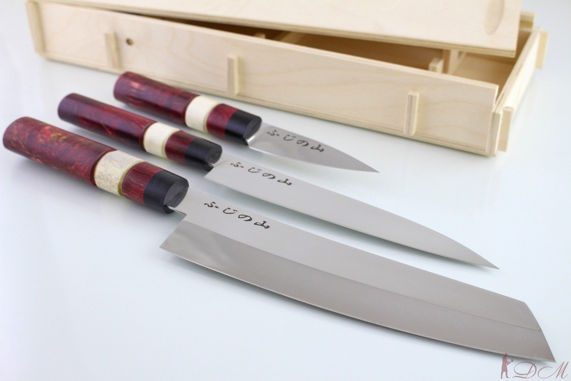 Набор японских ножей "Фудзияма" сталь х12мф, Рукоять карельская береза(красная).