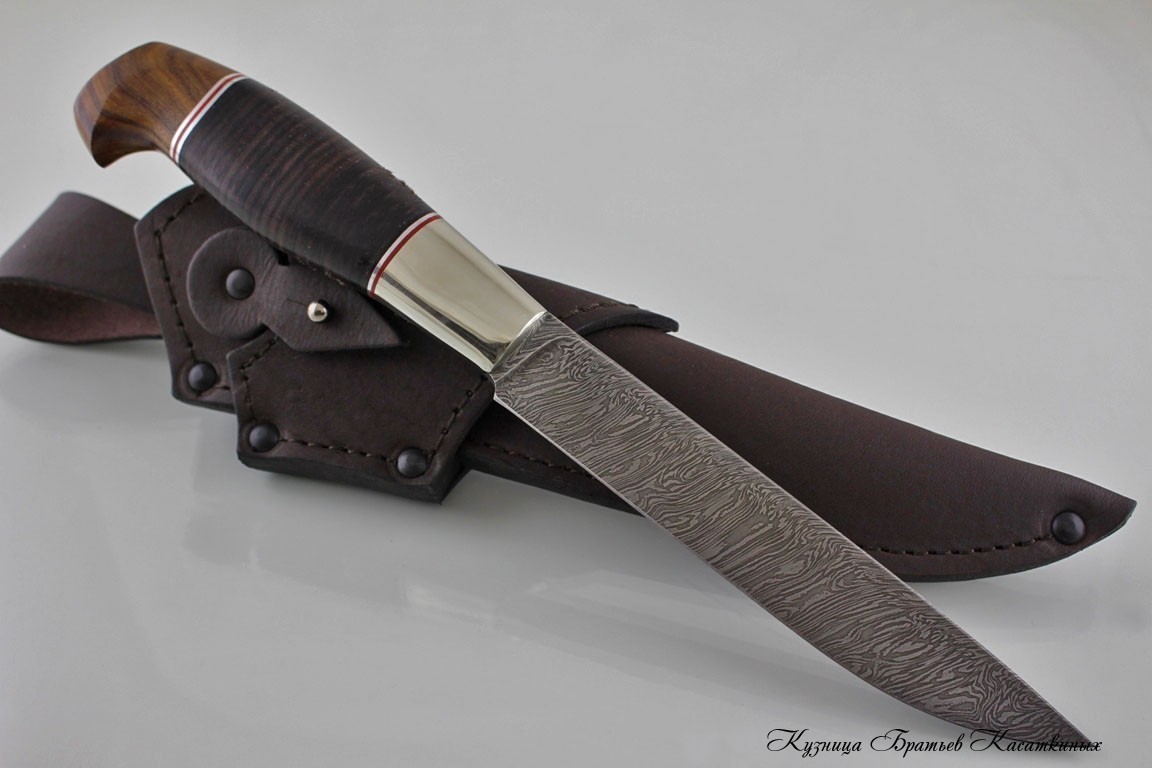 Hunting Knife "Finsky". Damascus Steel. Palisander Wood and Leather Handle