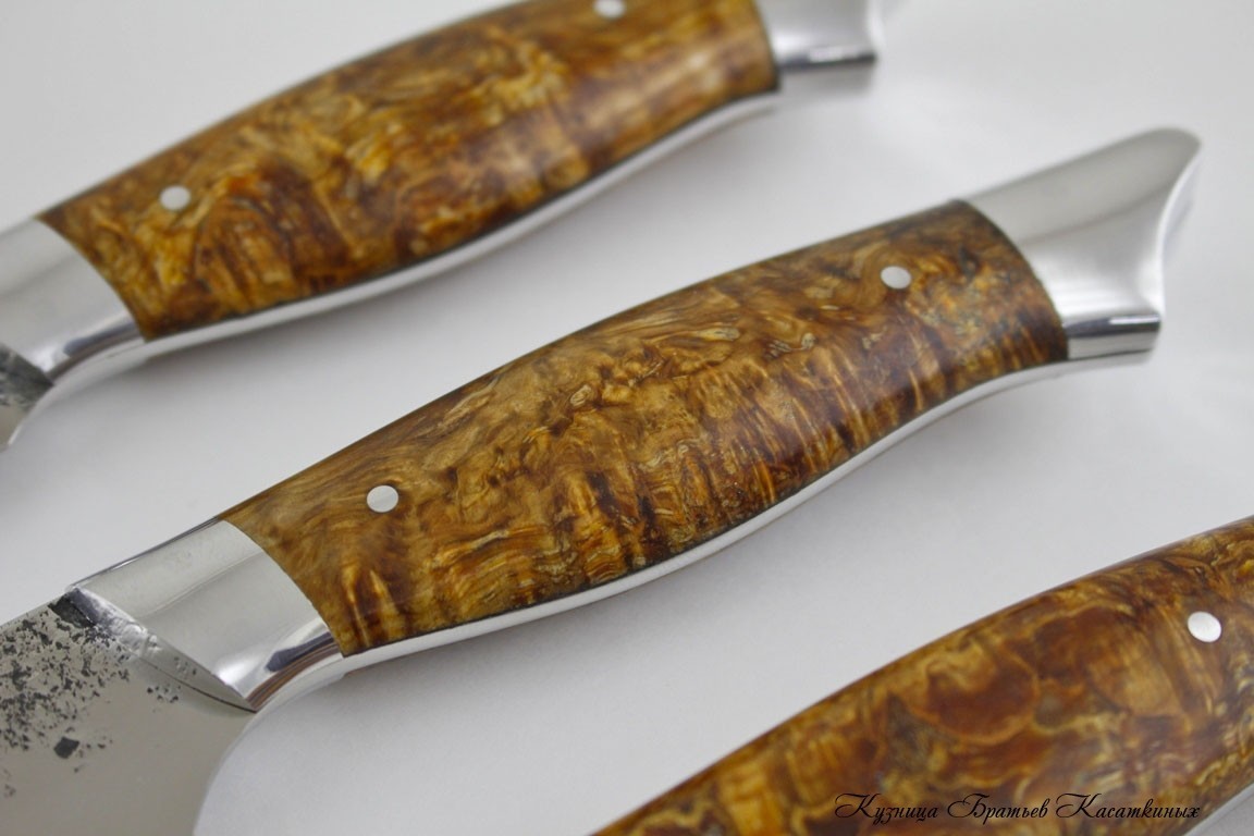 Кухонные ножи Kitchen Knife Set "Ratatouille". 95kh18 Steel (hammered). Karelian Birch Handle (light brown) 