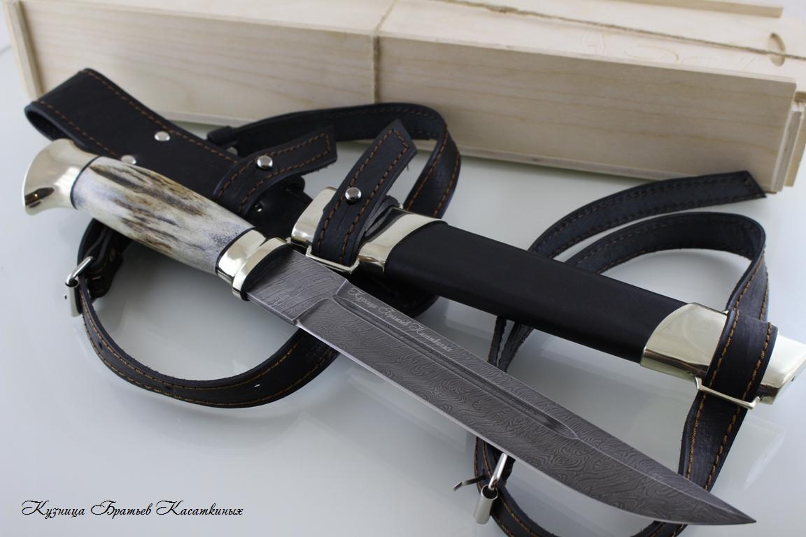 "Plastun" Knife. Damascus Steel. Elk Horn Handle