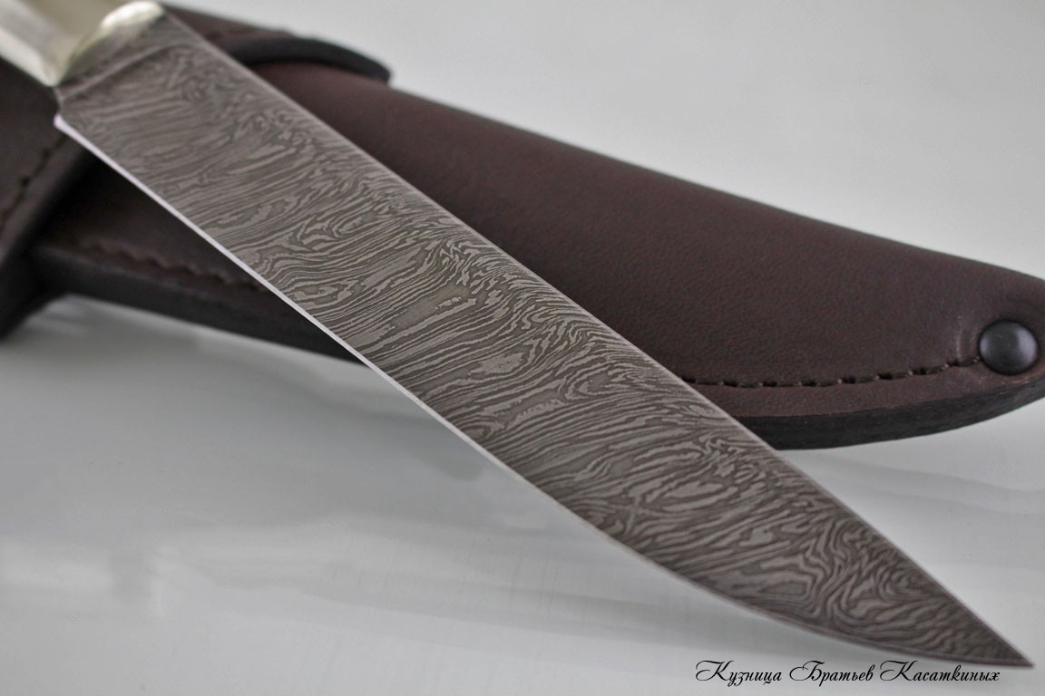 Hunting Knife "Finsky". Damascus Steel. Palisander Wood and Leather Handle