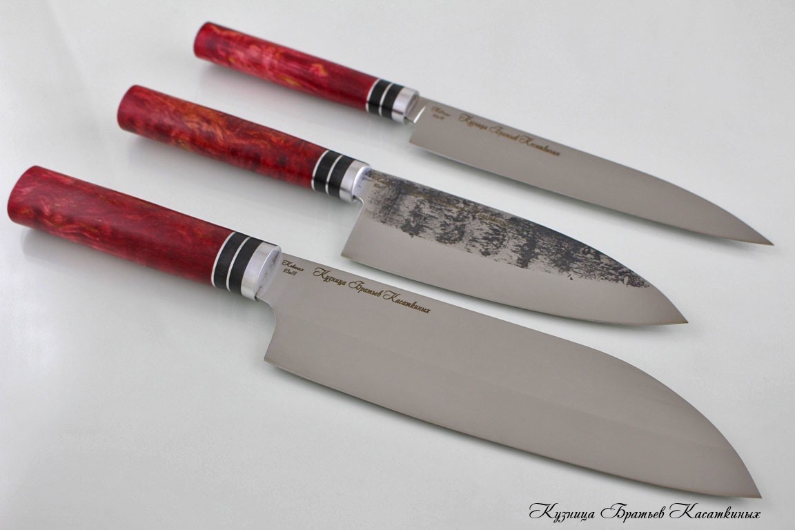 Knife Set "Samurai". 95kh18 Steel. Karelian Birch Handle (red)