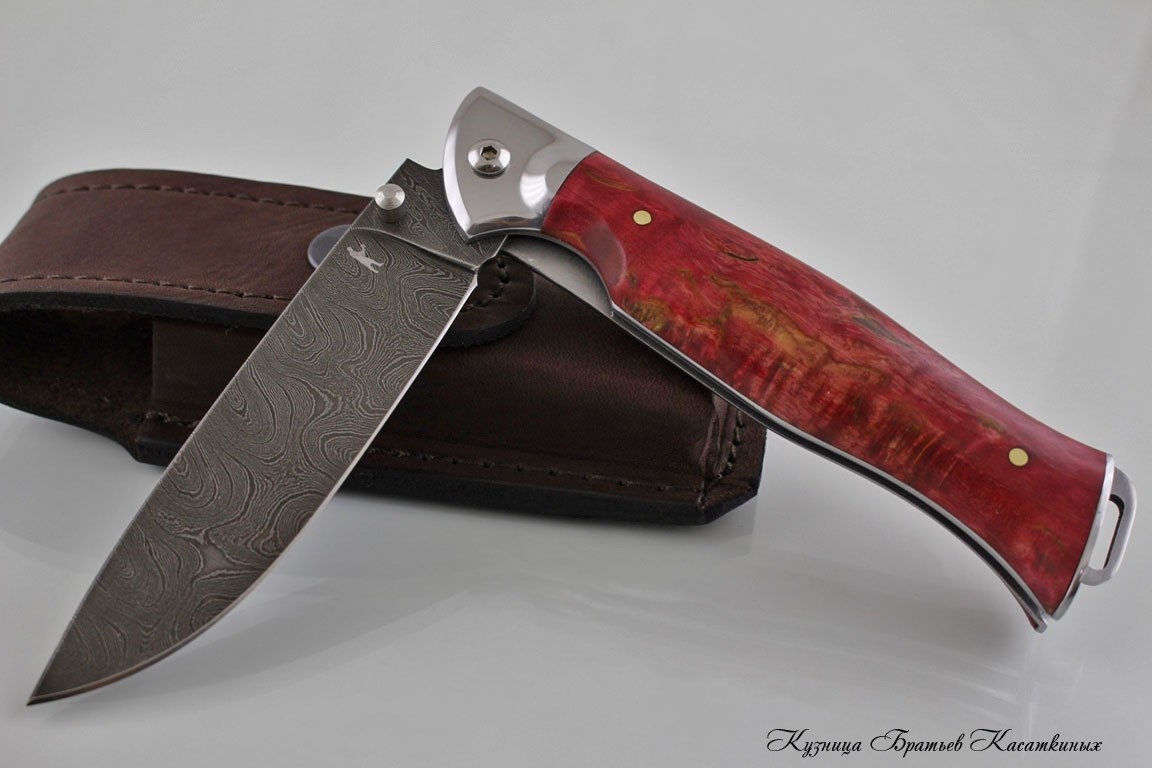 Folding knife "Legioner". Damascus Steel. Red Karelian Birch Handle