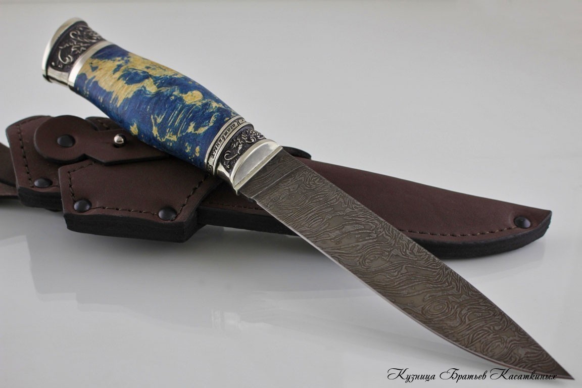 Hunting Knife "Zasapozhny". Damascus Steel. Maple Wood Wart. Melchior Bolster