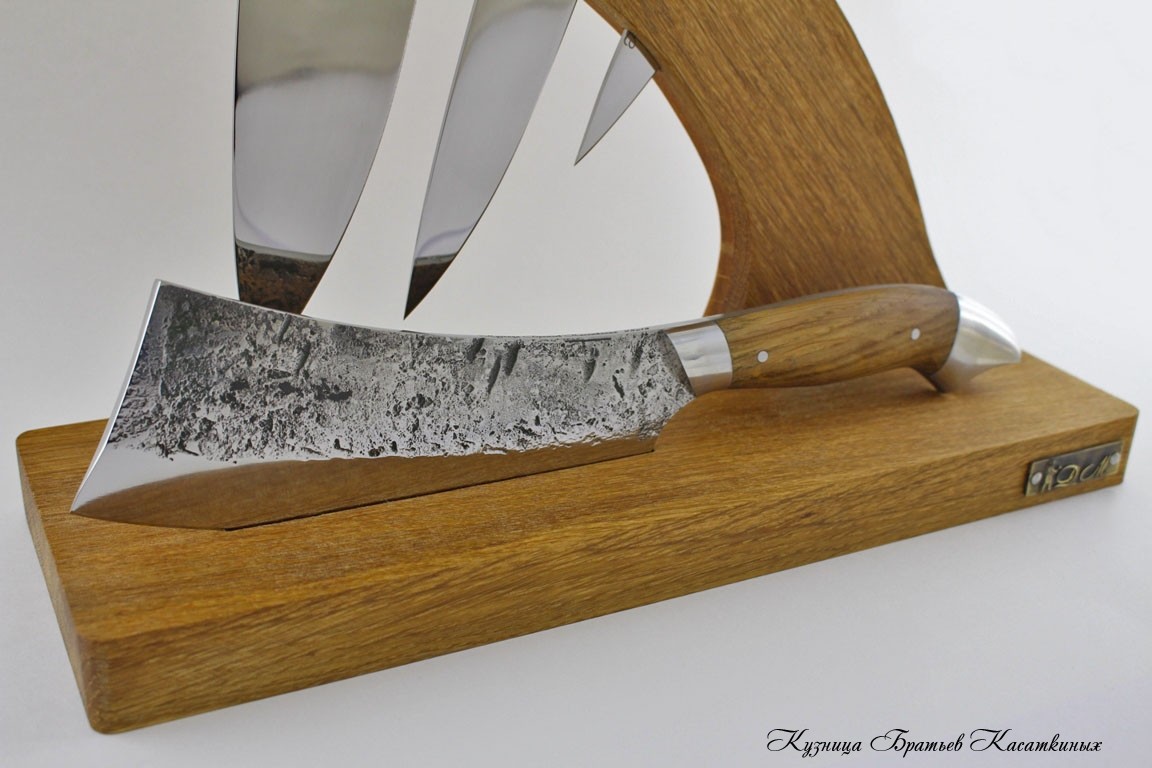 Кухонные ножи Set of Kitchen Knives and Cleaver "Ratatouille" in a Stand. 95kh18 Steel. Oak Wood 