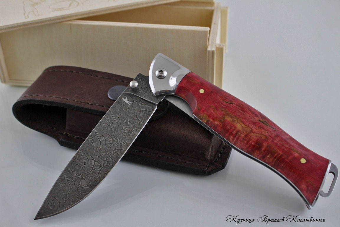 Folding knife "Legioner". Damascus Steel. Red Karelian Birch Handle