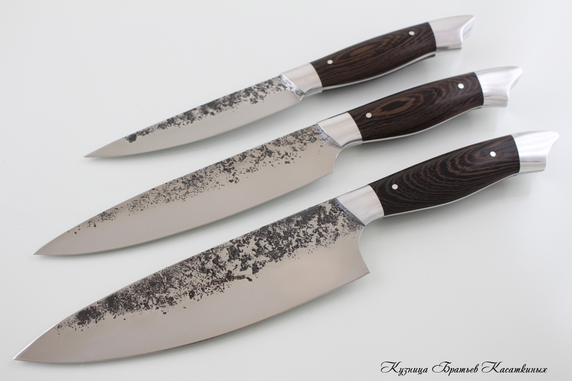 Кухонные ножи Kitchen Knife Set "Ratatouille". 95kh18 Steel (hammered). Wenge All-Metal Handle. Aluminium Bolster 