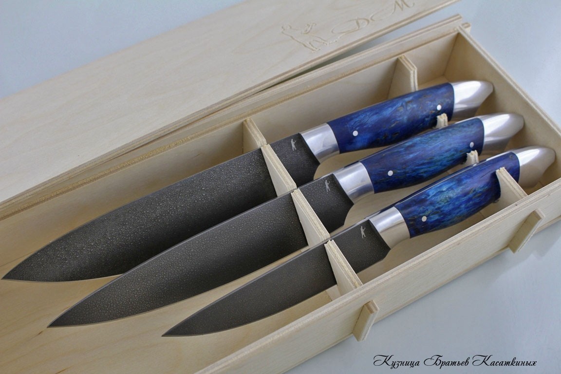 Кухонные ножи Kitchen Knife Set "Ratatouille". KHV-5 Steel (Extra Hard Steel). Karelian Birch Handle (blue) 