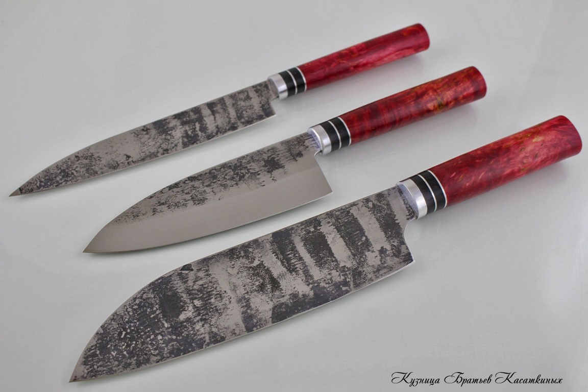Knife Set "Samurai". 95kh18 Steel. Karelian Birch Handle (red)