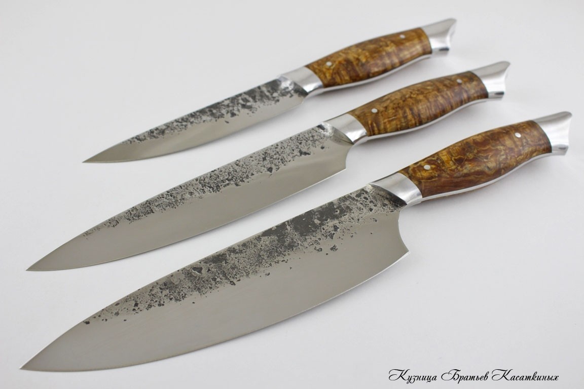 Кухонные ножи Kitchen Knife Set "Ratatouille". 95kh18 Steel (hammered). Karelian Birch Handle (light brown) 