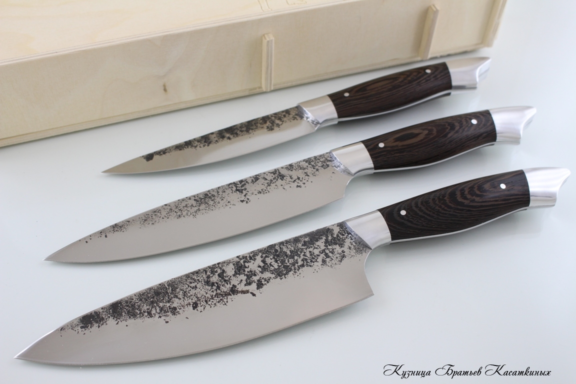 Кухонные ножи Kitchen Knife Set "Ratatouille". 95kh18 Steel (hammered). Wenge All-Metal Handle. Aluminium Bolster 